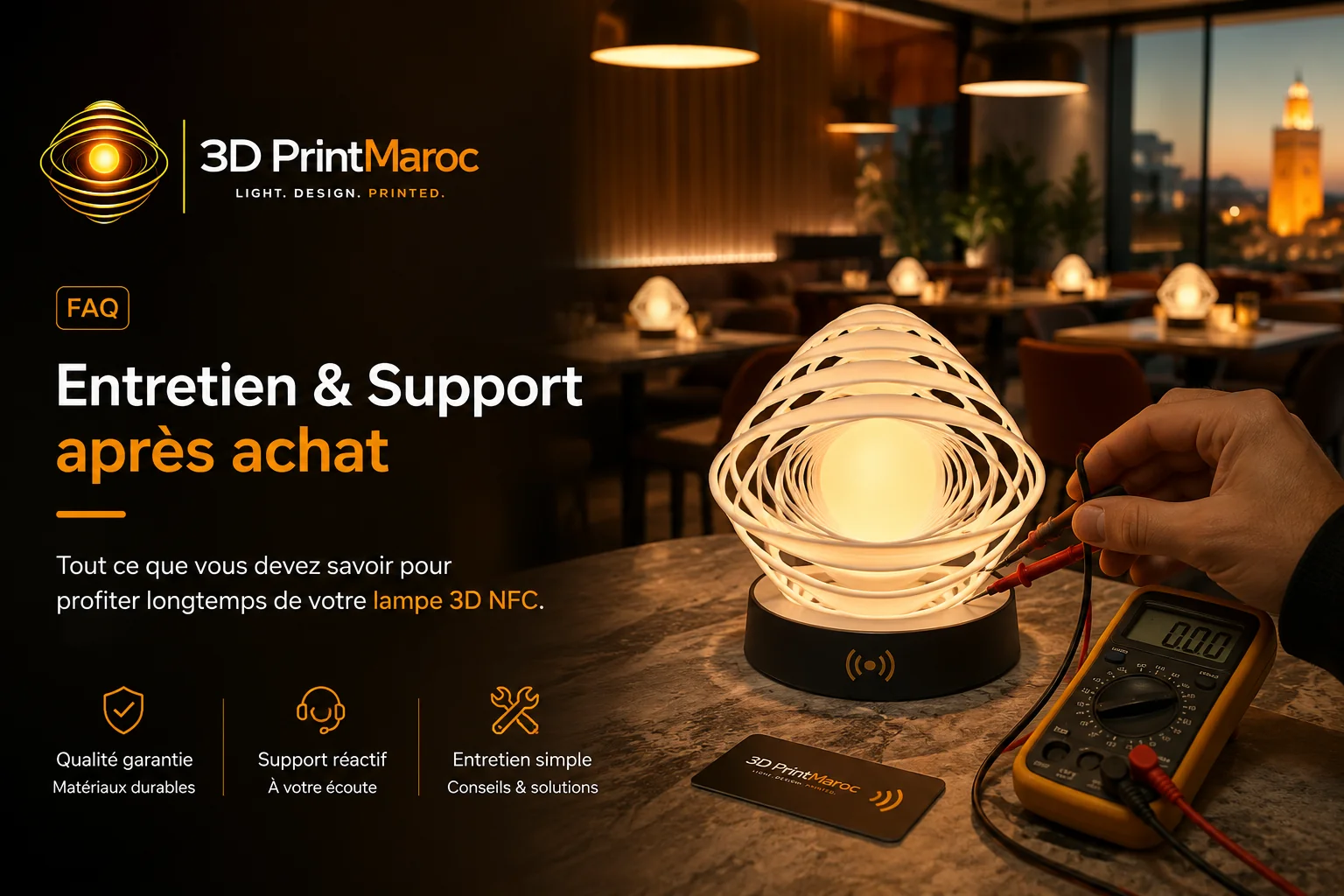 FAQ Entretien & Support après achat : Lampes 3D Maroc et Maintenance NFC Restaurant